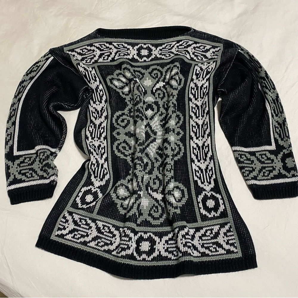 Designer Vintage Art Wear Jacquard Black Gray Folk Art Knit Sweater Women’s M